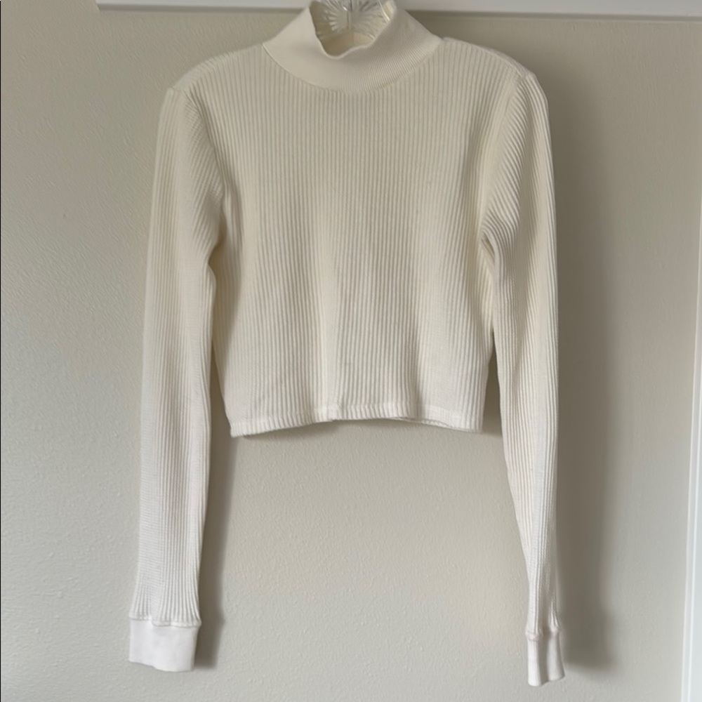 BDG Cream Ribbed Fitted Crop Long Sleeve Top